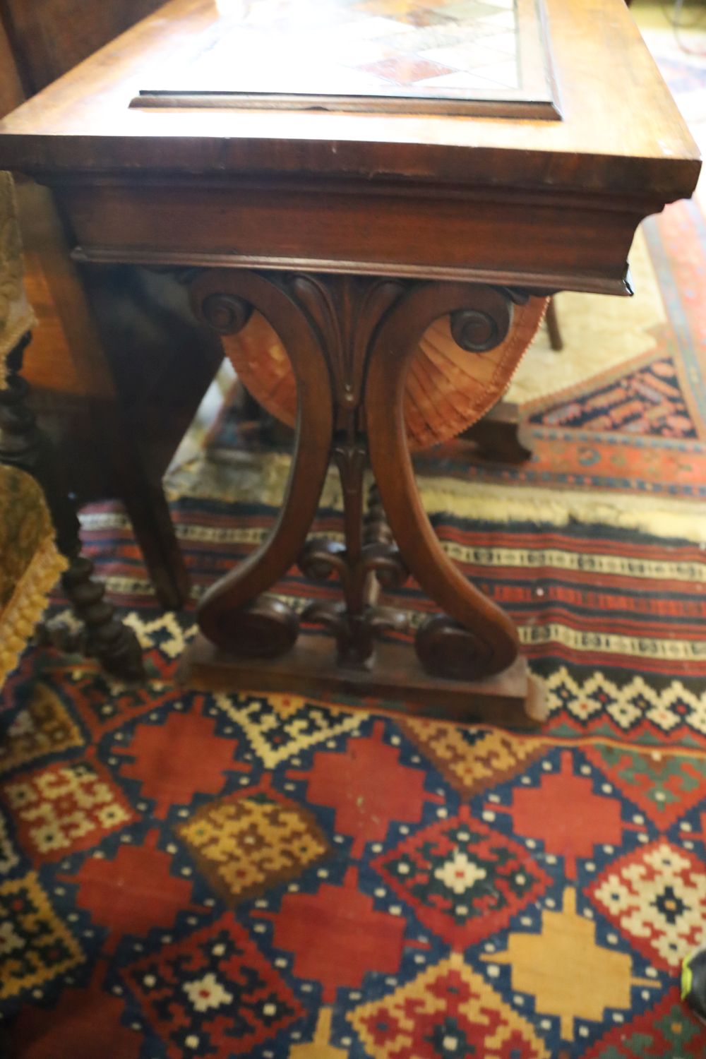 A Victorian mahogany work table with specimen marble top, width 45cm, depth 74cm